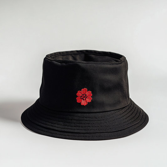 Black Bucket Hat with Embroidered Red Blossom – Timeless Urban Elegance